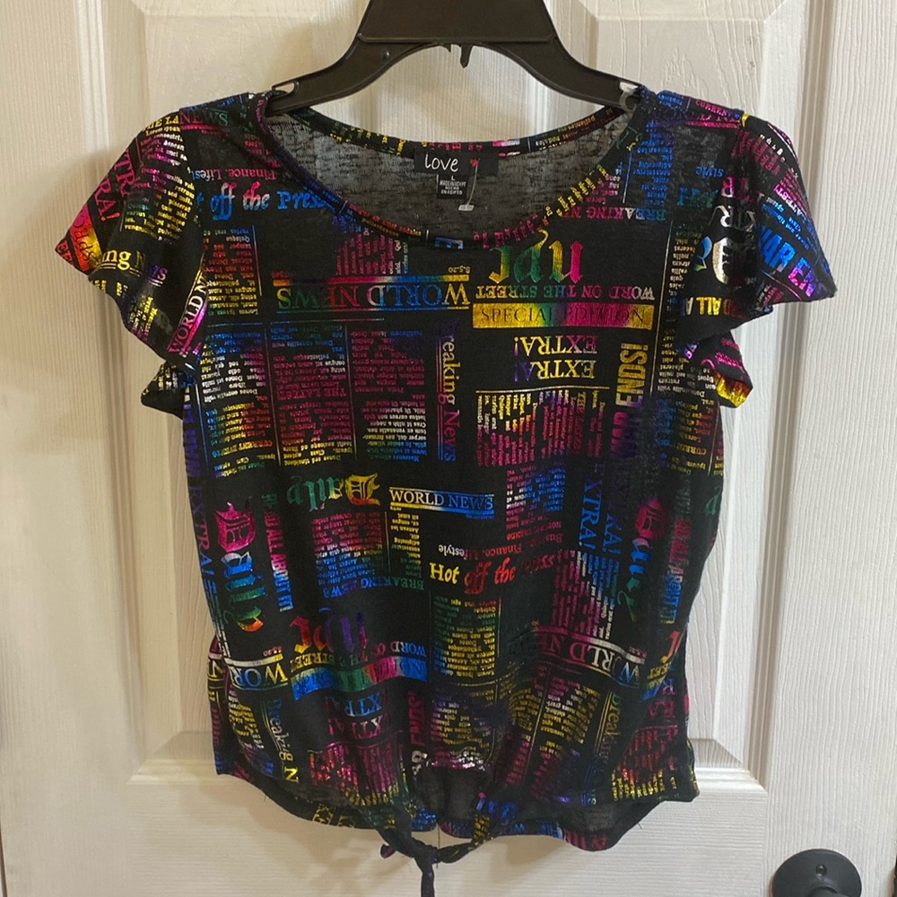 Iradecent Newspaper Print Tie Front Ruffle Cap Sleeve Top